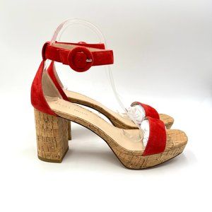 Pelle Moda‎ Womens Size 7.5 Flame Red Suede Cork Platform Sandals Heels Shoes